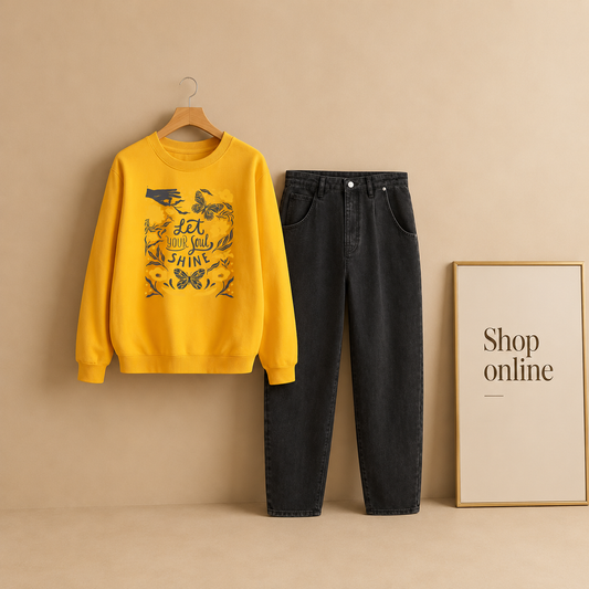 MUSTARD LET YOUR SOUL SWEATSHIRT WITH BLACK MOM JEANS