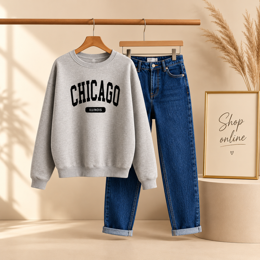 GREY CHICAGO SWEATSHIRT WITH MID BLUE MOM JEANS