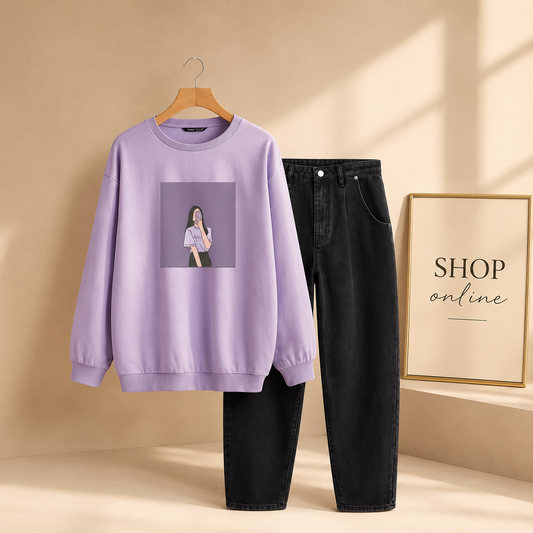 LILAC SWEATSHIRT PURPLE BACKGROUND GIRL WITH BLACK MOM JEANS