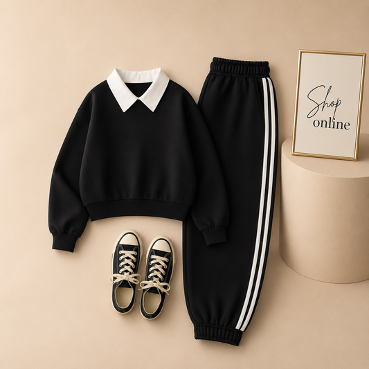 BLACK COLLAR SWEATSHIRT WITH 3 STRIPES TROUSER