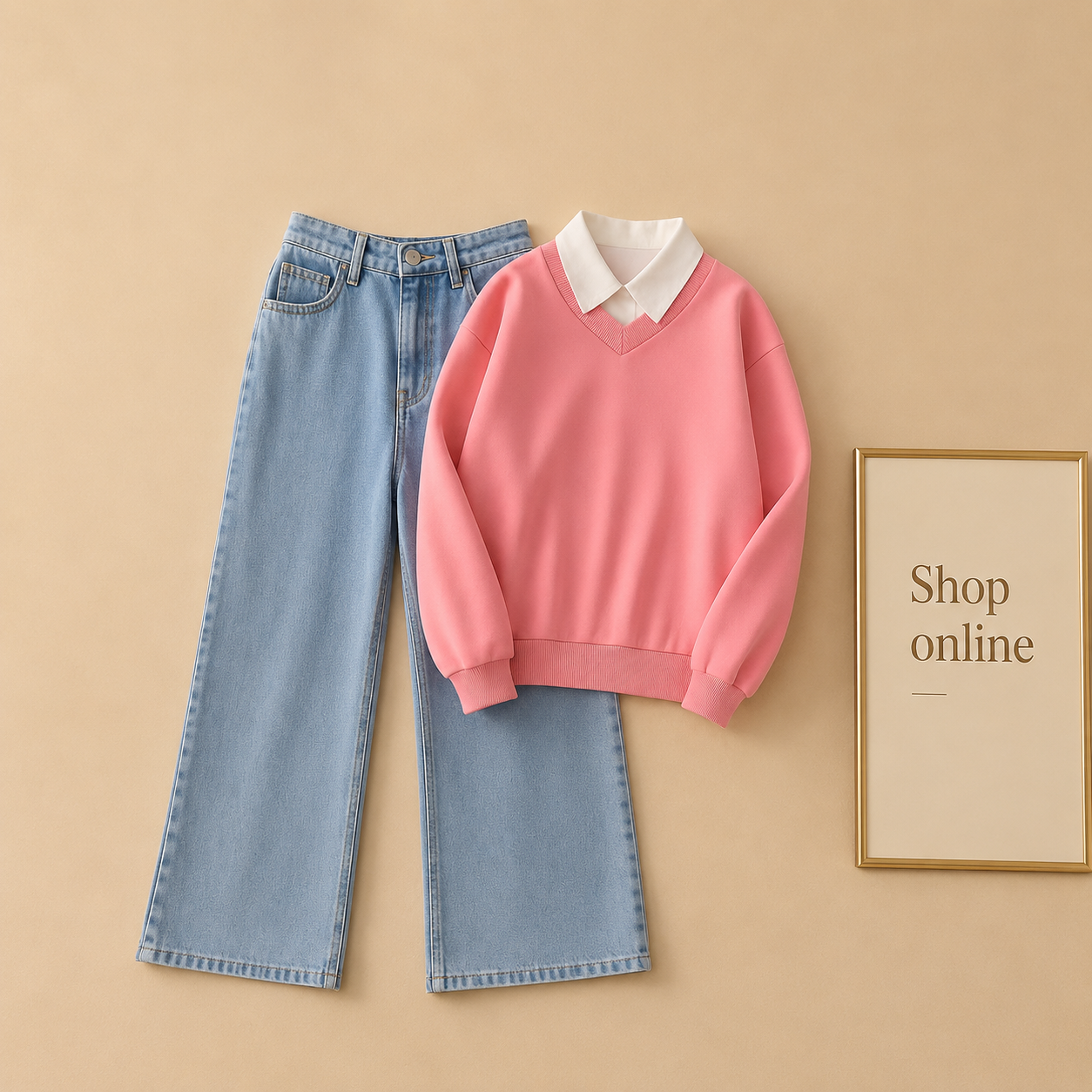 PINK COLLAR SWEATSHIRT WITH ICE BLUE WIDE LEG