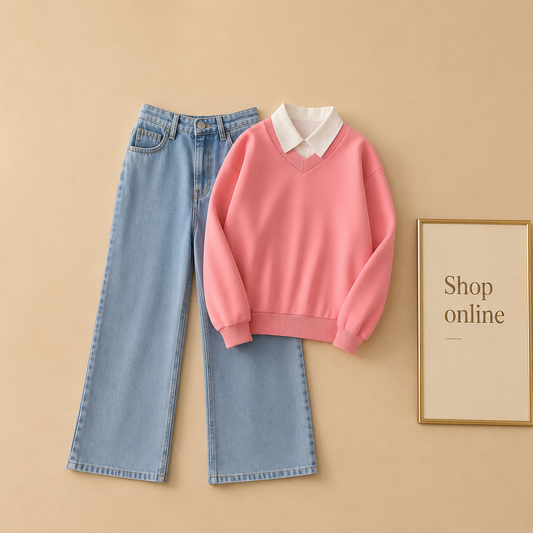 PINK COLLAR SWEATSHIRT WITH ICE BLUE WIDE LEG