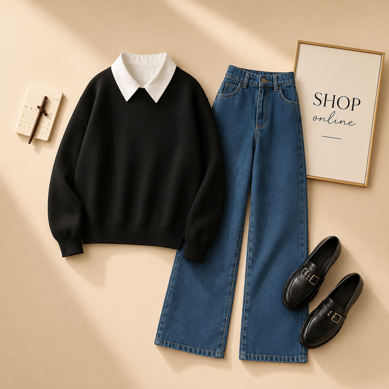 BLACK COLLAR SWEATSHIRT WITH MID BLUE JEANS