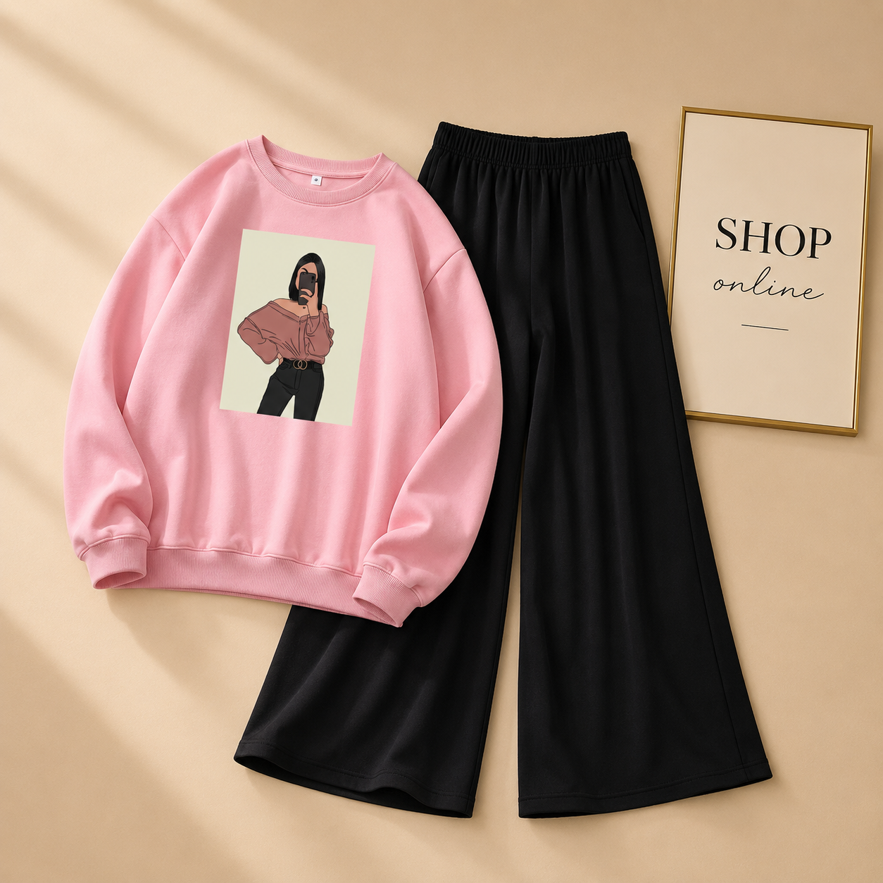 OFF SHOULDER GIRL PINK SWEATSHIRT WITH FLAPPER TROUSER