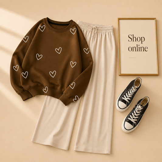 HEARTS ALLOVER BROWN SWEATSHIRT WITH BEIGE FLAPPER