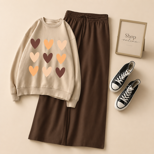BROIWN HEARTS BEIGE SWEATSHIRT WITH BROWN FLAPPER