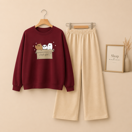 FREE BEAR MAROON SWEATSHIRT WITH BEIGE FLAPPER