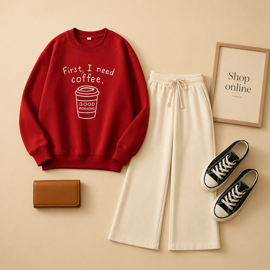 FIRST I NEED COFEE MAROON SWEATSHIRT WITH BIEGE FLAPPER
