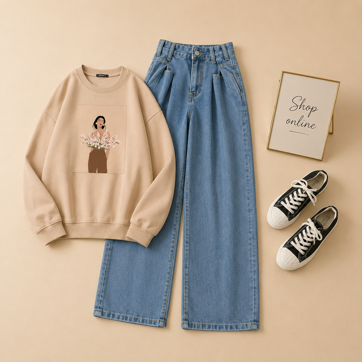 FLOWER GIRL SKIN SWEATSHIRT WITH MID BLUE WIDE LEG JEANS