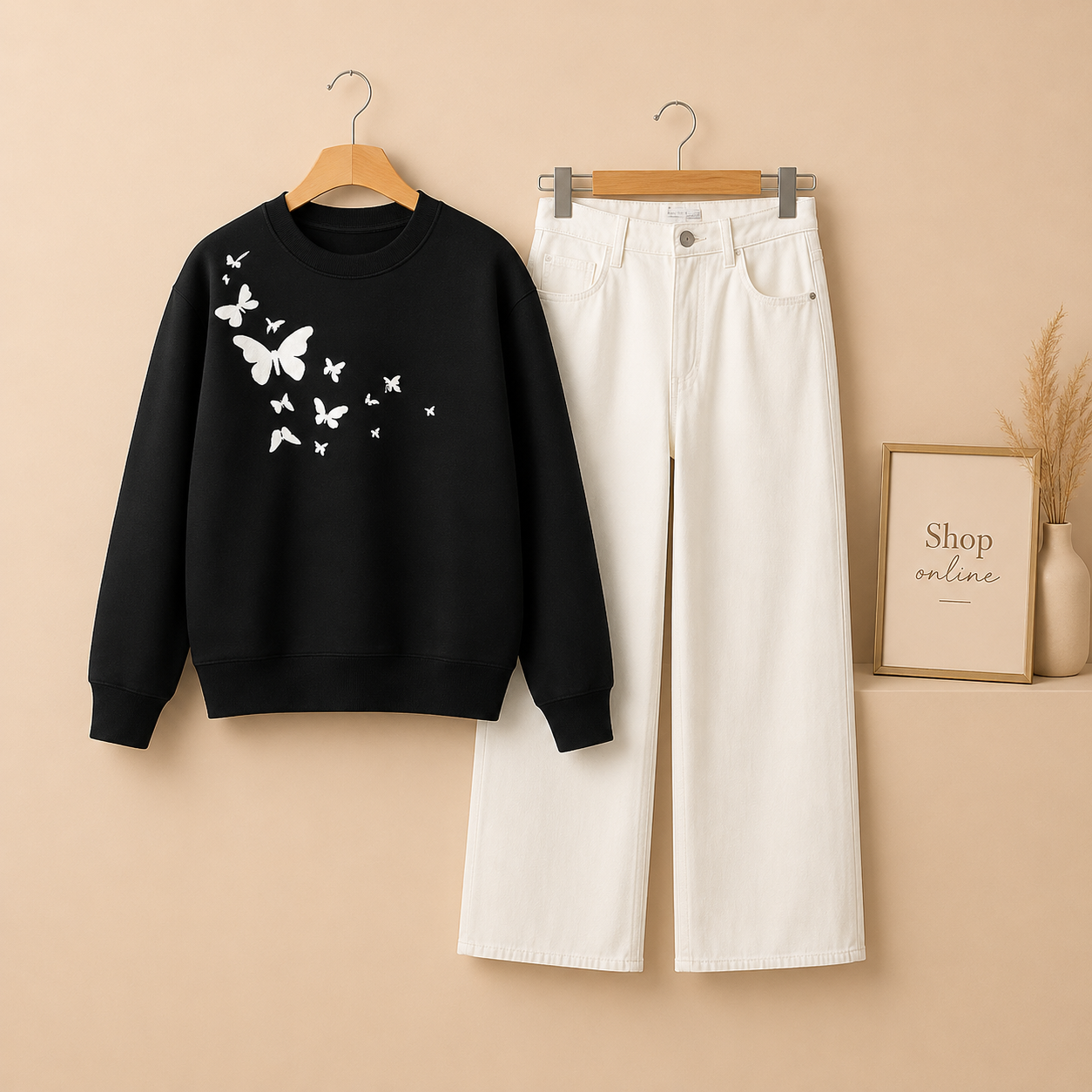 SHOULDER BUTTERFLY BLACK SWEATSHIRT WITH WHITE WIDE LEG JEANS