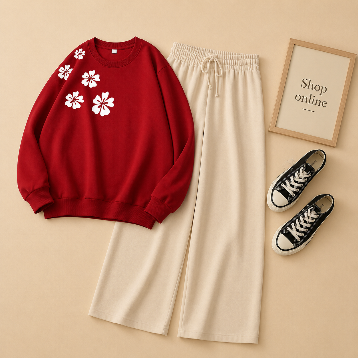 FLORAL RED SWEATSHIRT WITH BEIGE FLAPPER