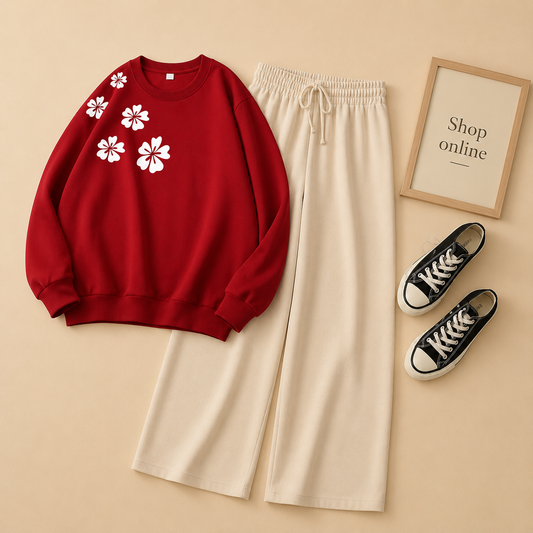 FLORAL RED SWEATSHIRT WITH BEIGE FLAPPER