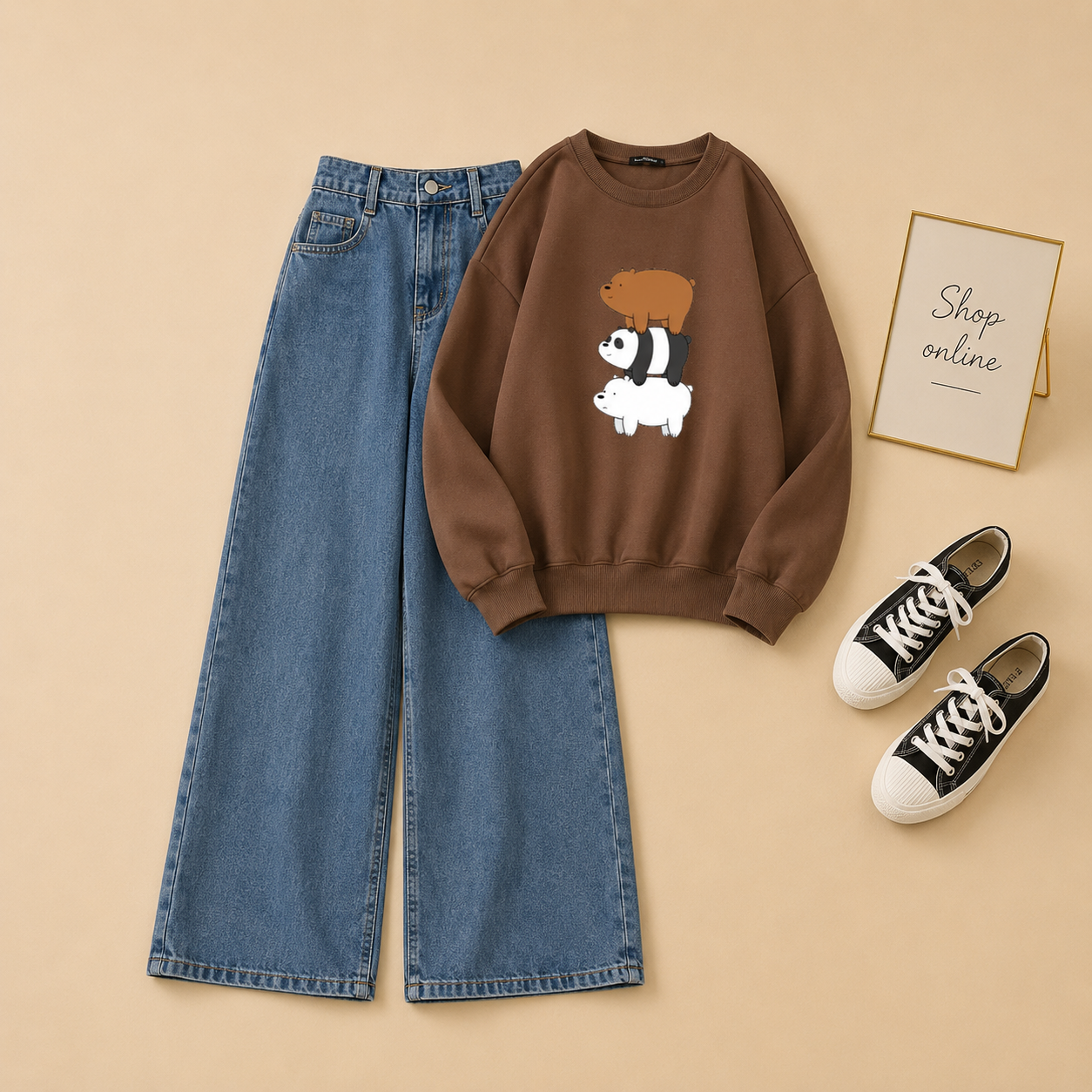 PANDA OVER PANDA BROWN SWEATSHIRT WITH MID BLUE WIDE LEG JEANS