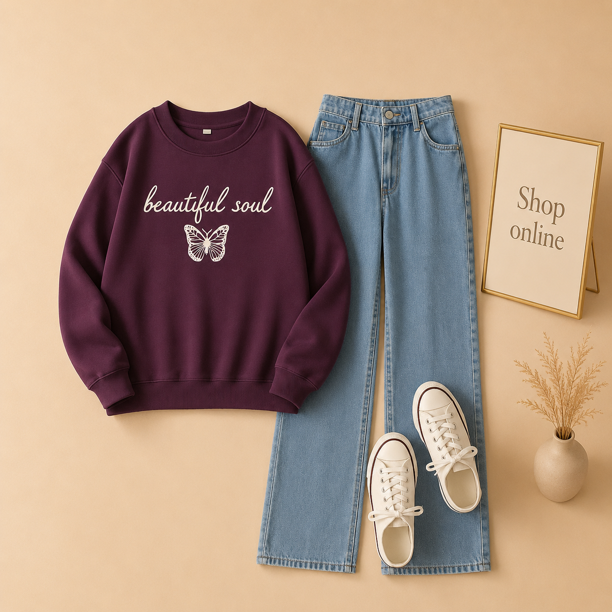BEAUTIFUL SOUL BUTTERFLY PURPLE SWEATSHIRT WITH ICE BLUE WIDE LEG JEANS