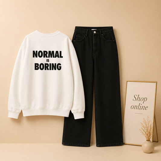 NORMAL IS BORING WHITE SWEATSHIRT WITH BLACK WIDE LEG JEANS