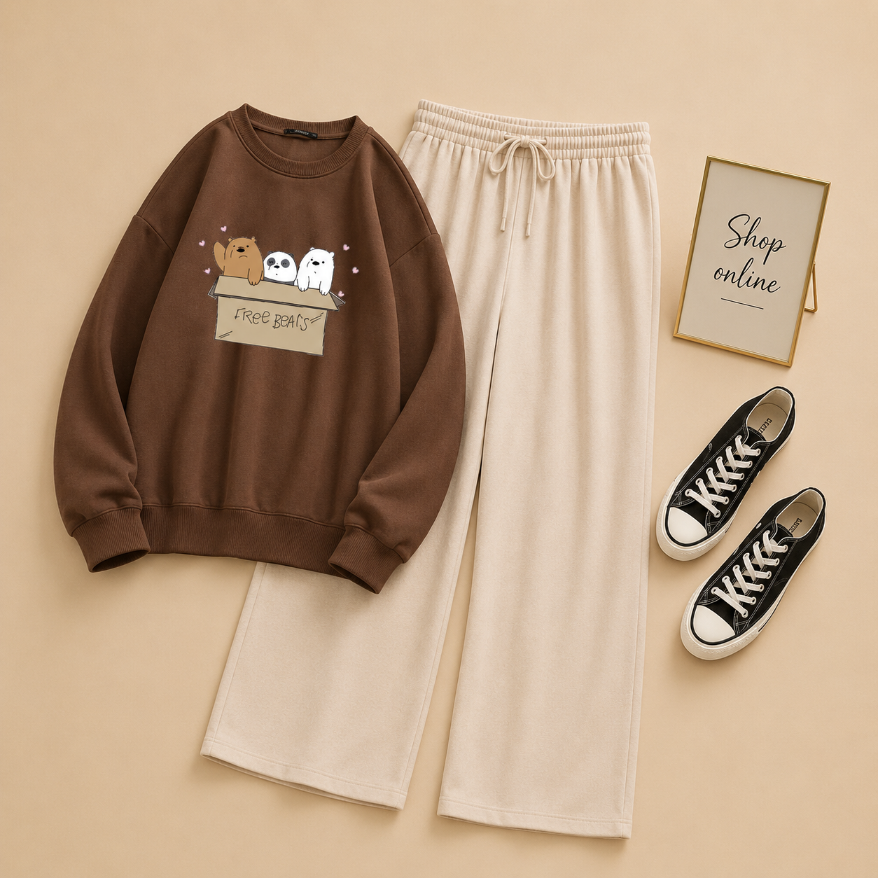 FREE BEAR BROWN SWEATSHIRT WITH BEIGE FLAPPER