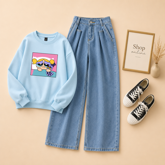 CRYING POWERPUFF SKY BLUE SWEATSHIRT WITH MID BLUE WIDE LEG JEANS