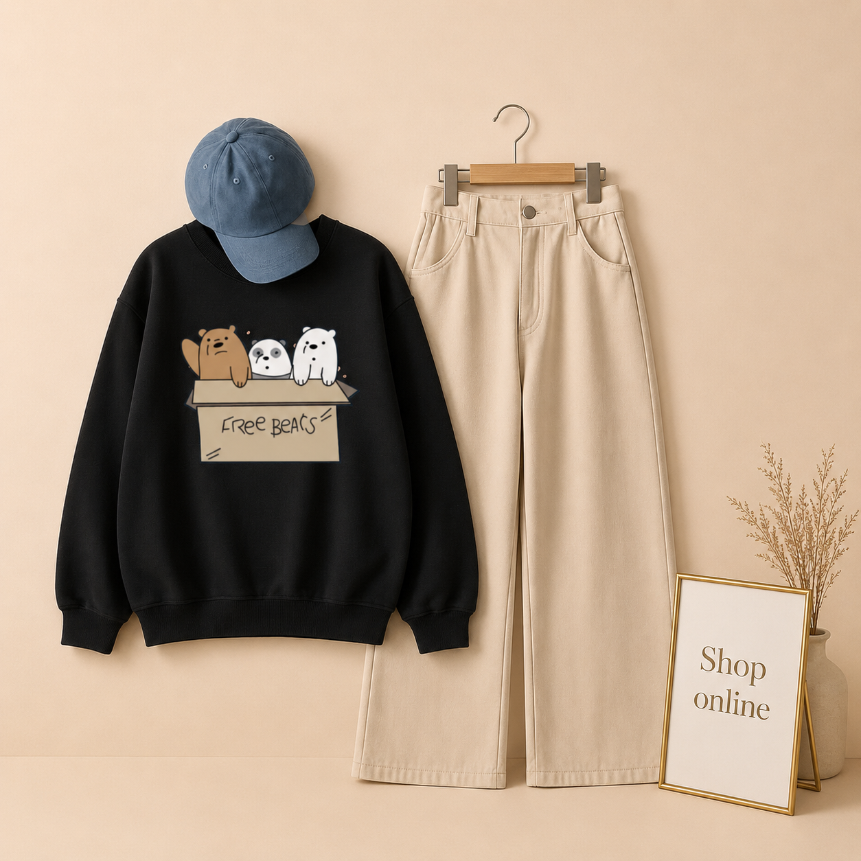 FREE BEAR BLACK SWEATSHIRT WITH BEIGE WIDE LEG JEANS
