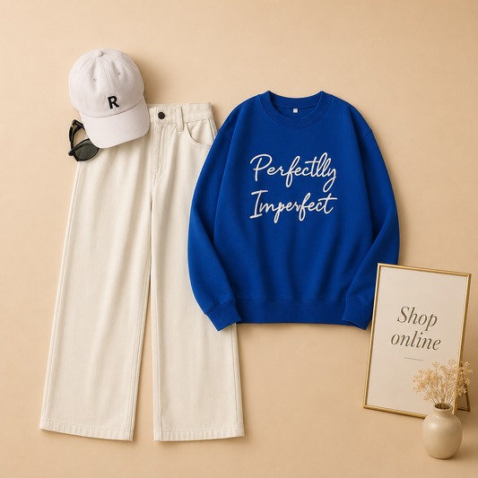 PERFECTLY IMPERFECT ROYAL BLUE SWEATSHIRT WITH WHITE WIDE LEG JEANS