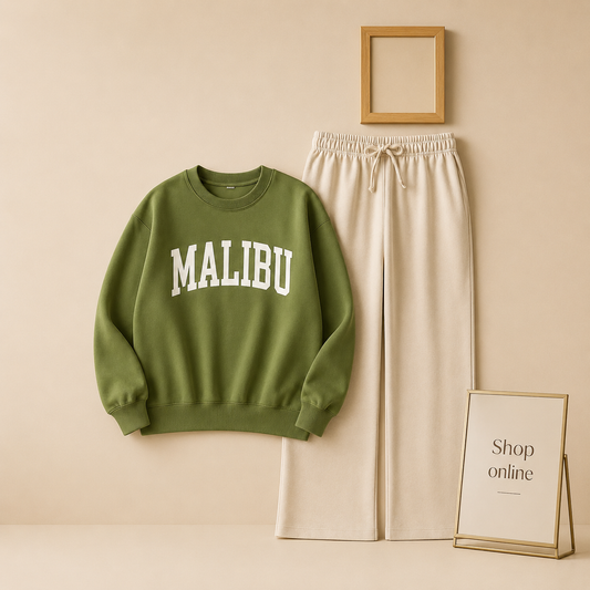 Malibu olive green sweatshirt with beige flapper