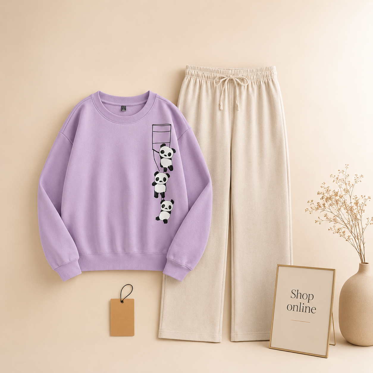 PANDA LADDER LILAC SWEATSHIRT WITH BEIGE FLAPPER