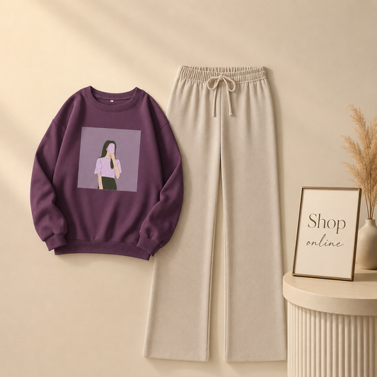 DARK PURPLE SWEATSHIRT PURPLE BACKGROUD WITH BEIGE FLAPPER