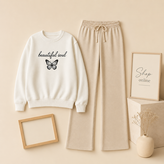 BEAUTIFUL SOUL WHITE SWEATSHIRT WITH BEIGE FLAPPER