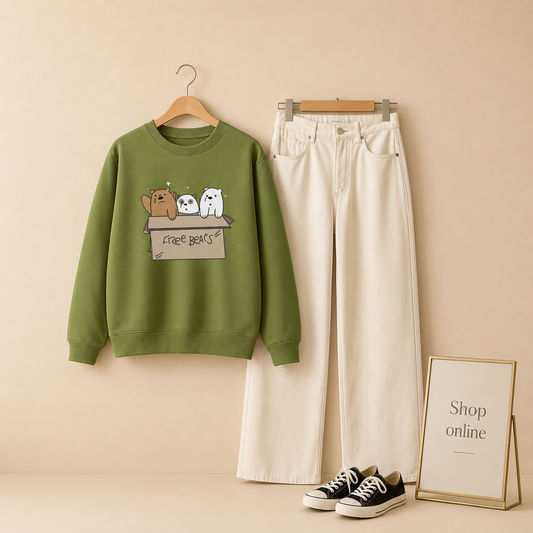 FREE BEAR OLIVE GREEN SWEATSHIRT WITH WHITE WIDE LEG JEANS