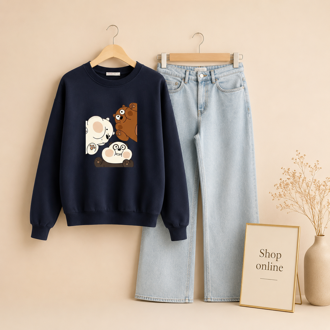 NAVY BLUE BOX BEAR SWEATSHIRT WITH ICE BLUE WIDE LEG JEANS