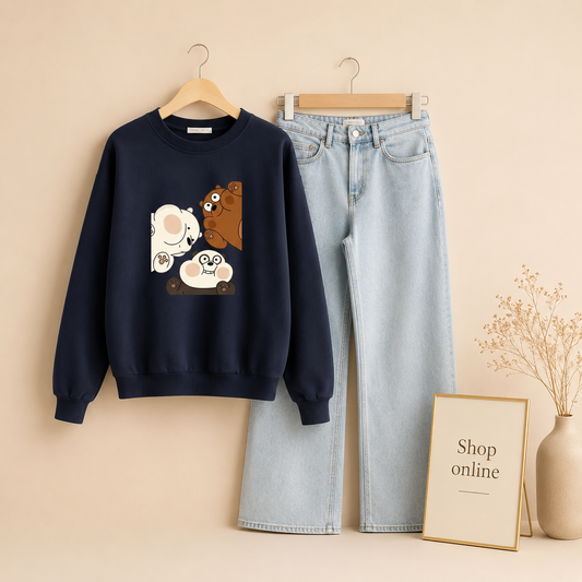 NAVY BLUE BOX BEAR SWEATSHIRT WITH ICE BLUE WIDE LEG JEANS