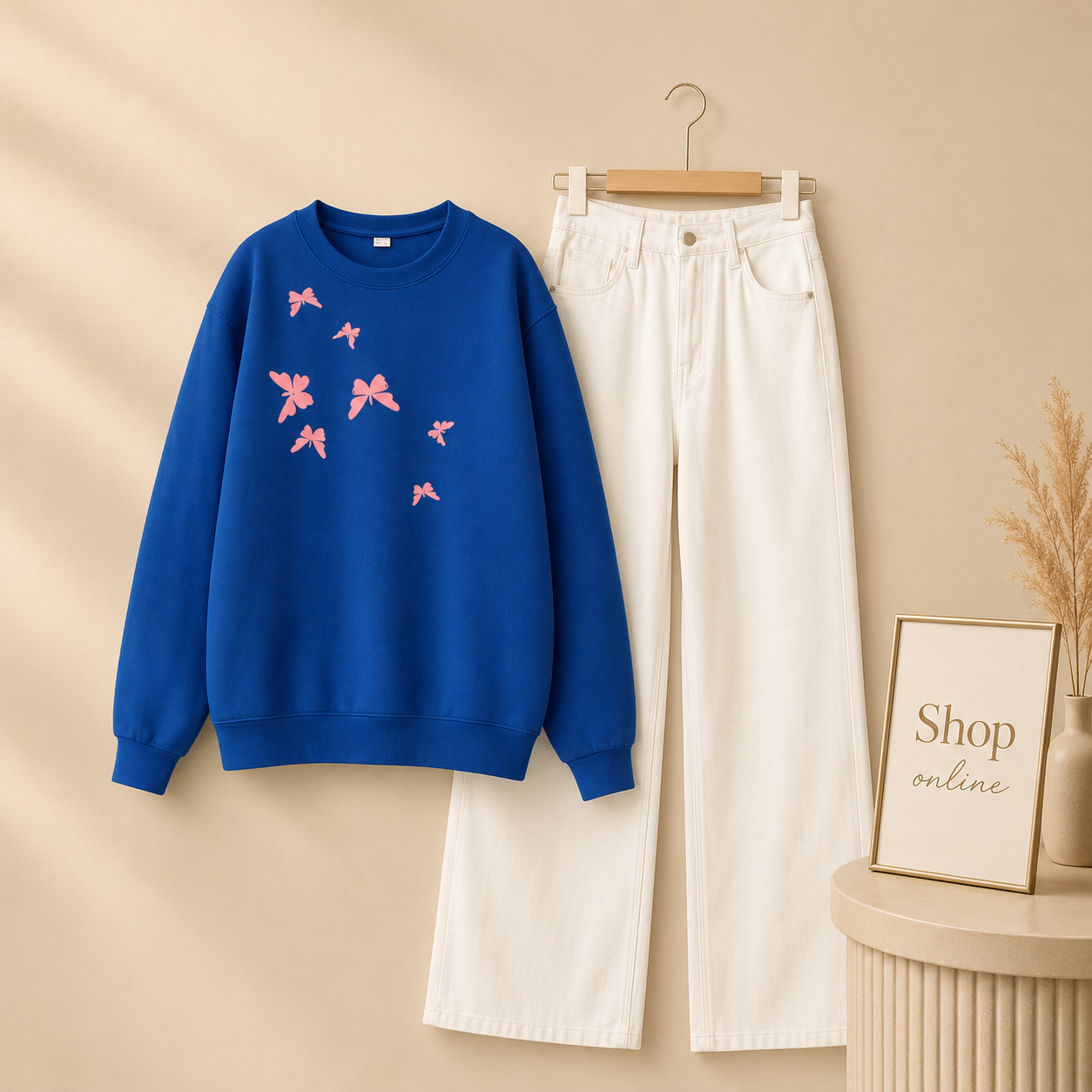 SHOULDER PINK BUTTERFLY ROYAL BLUE SWEATSHIRT WITH WHITE WIDE LEG JEANS