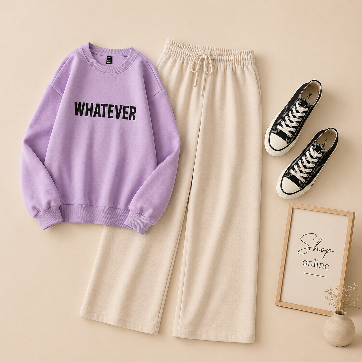 WHATEVER LILAC SWEATSHIRT WITH BEIGE FLAPPER
