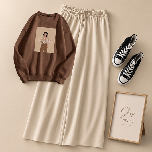FLOWER GIRL BROWN SWEATSHIRT WITH BEIGE FLAPPER