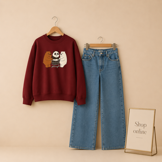 SHOPPING BEAR MAROON SWEATSHIRT WITH SKY BLUE WIDE LEG JEANS