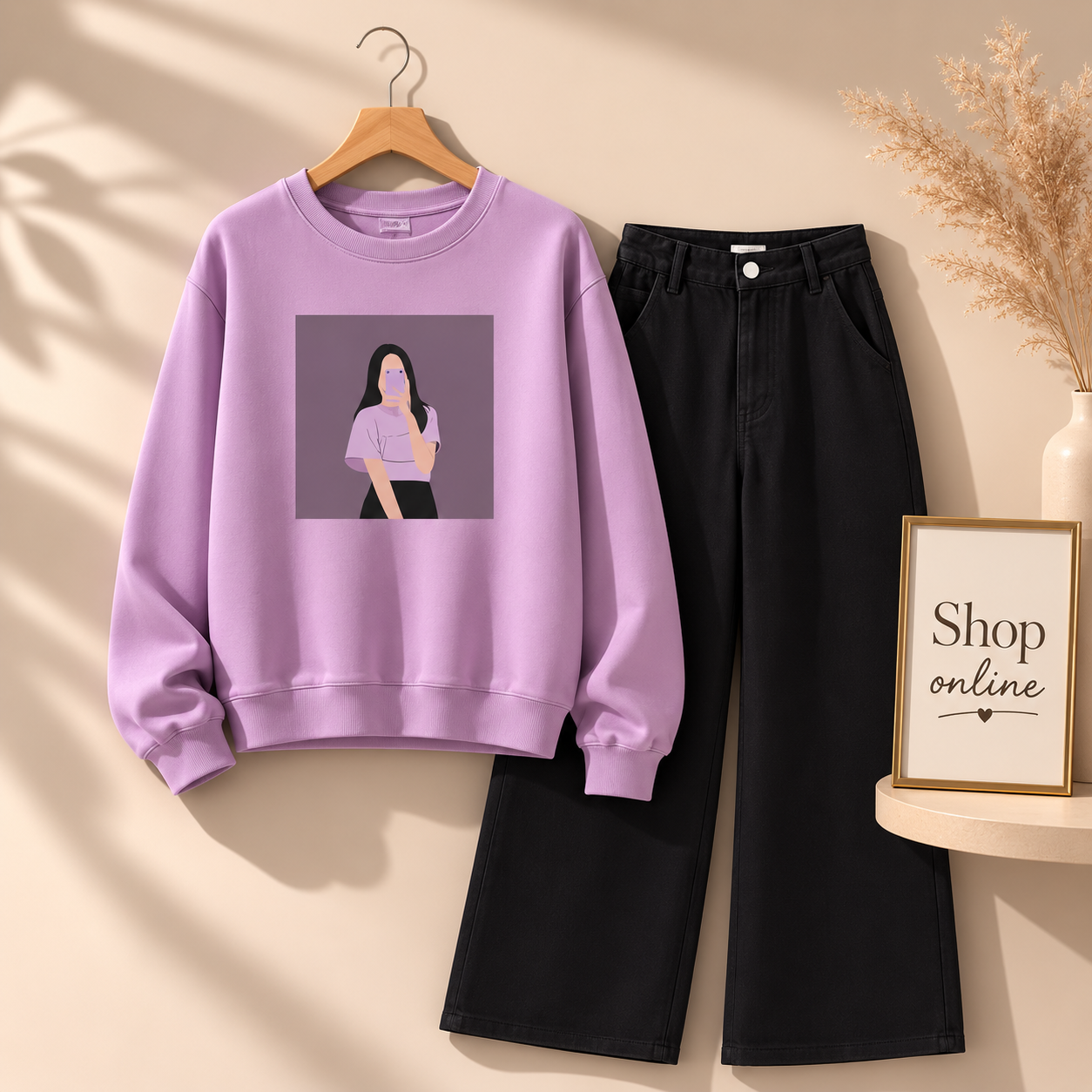 PURPLE BACKGROUND GIRL LILAC SWEATSHIRT WITH BLACK WIDE LEG