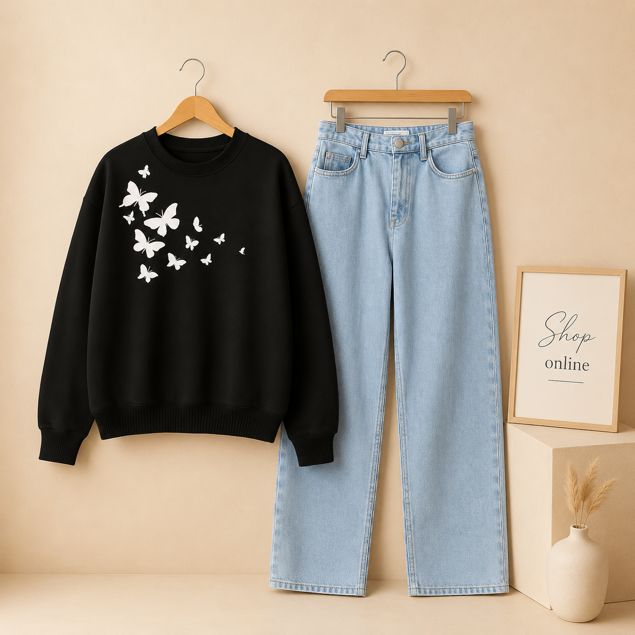 SHOULDER BUTTERFLY BLACK SWEATSHIRT WITH ICE BLUE WIDE LEG JEANS