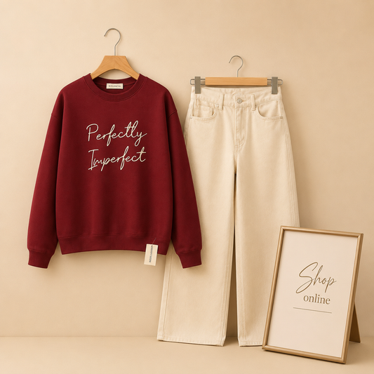 PERFECTLY IMPERFECT MAROON SWEATSHIRT WITH BEIGE WIDE LEG JEANS
