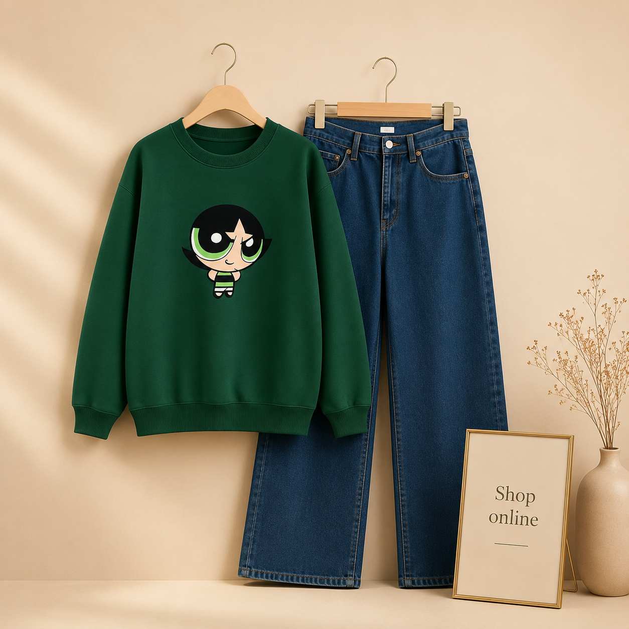 BOTTLE GREEN SWEATSHIRT GREEN BUTTERCUP WITH MID BLUE WIDE LEG