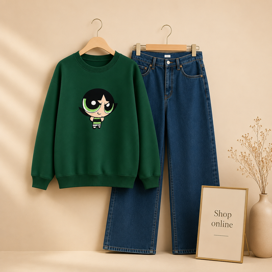 BOTTLE GREEN SWEATSHIRT GREEN BUTTERCUP WITH MID BLUE WIDE LEG