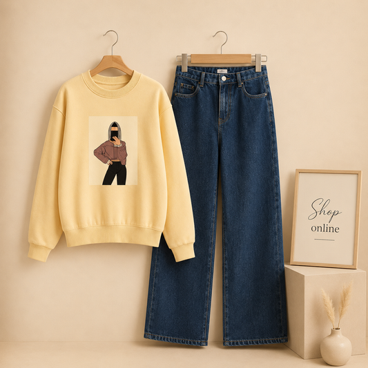 OFFSHOULDER GIRL BEIGE SWEATSHIRT WITH MID BLUE WIDE LEG JEANS