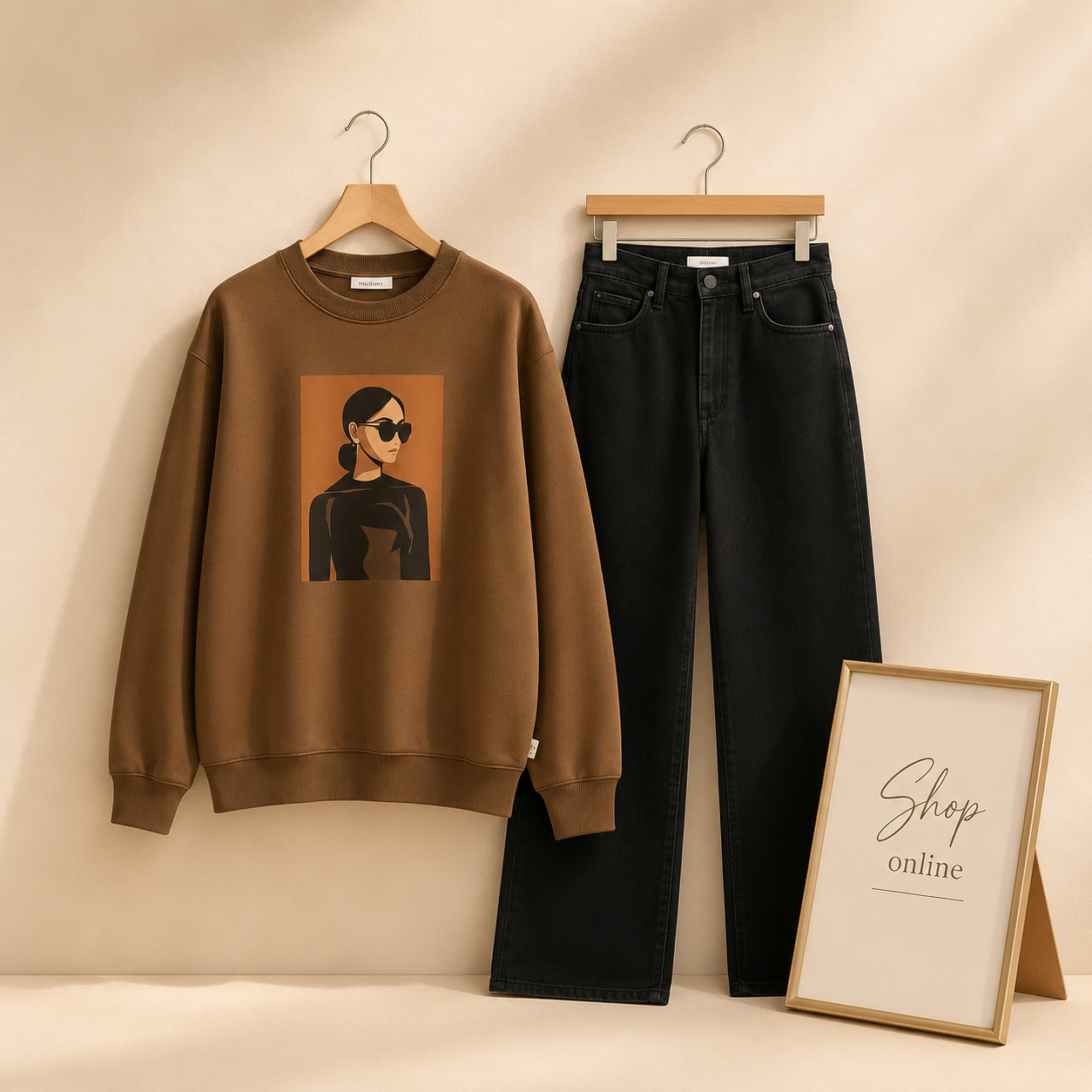 COFEE GIRL BROWN SWEATSHIRT WITH BLACK WIDE LEG JEANS