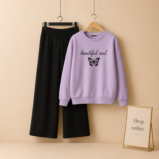 BEAUTIFUL SOUL BUTTERFLY LILAC SWEATSHIRT WITH BLACK FLAPPER