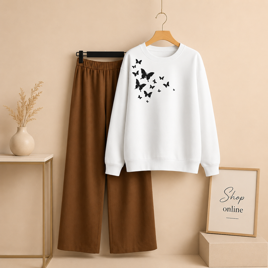 SHOULDER BUTTERFLY WHITE SWEATSHIRT WITH BROWN FLAPPER