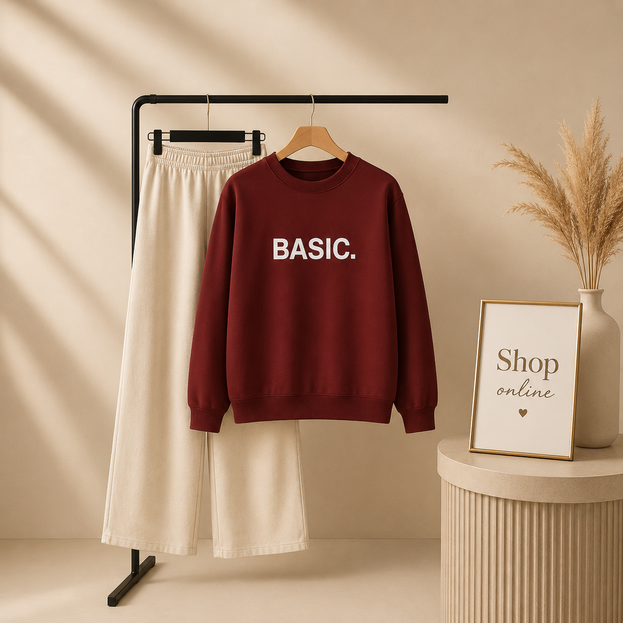BASIC PRINT MAROON SWEATSHIRT WITH BEIGE FLAPPER