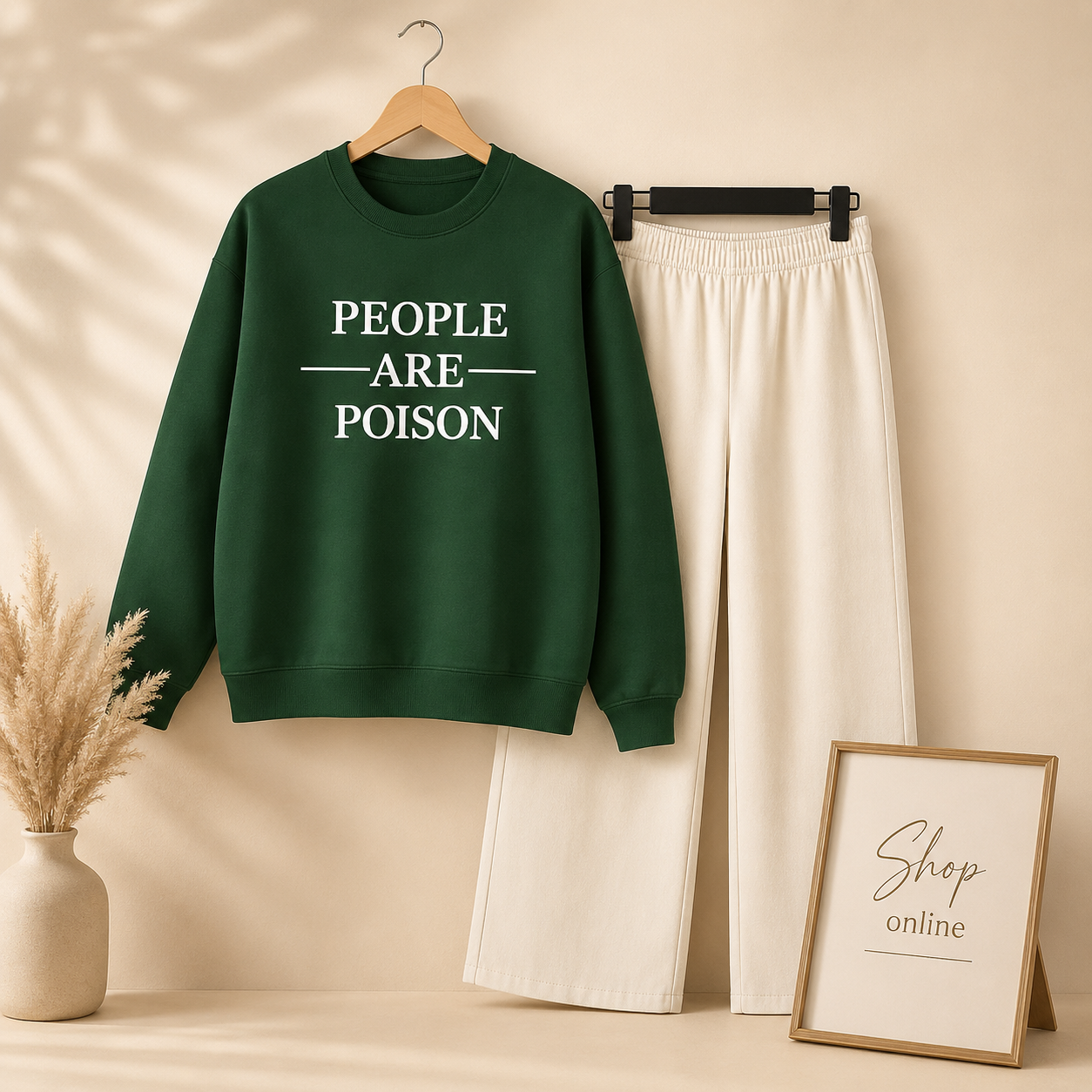 PEOPLE ARE POISON BOTTLE GREEN SWEATSHIRT WITH BEIGE FLAPPER