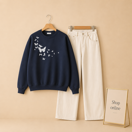 SHOULDER BUTTERFLY NAVY BLUE SWEATSHIRT WITH WHITE WIDE LEG JEANS