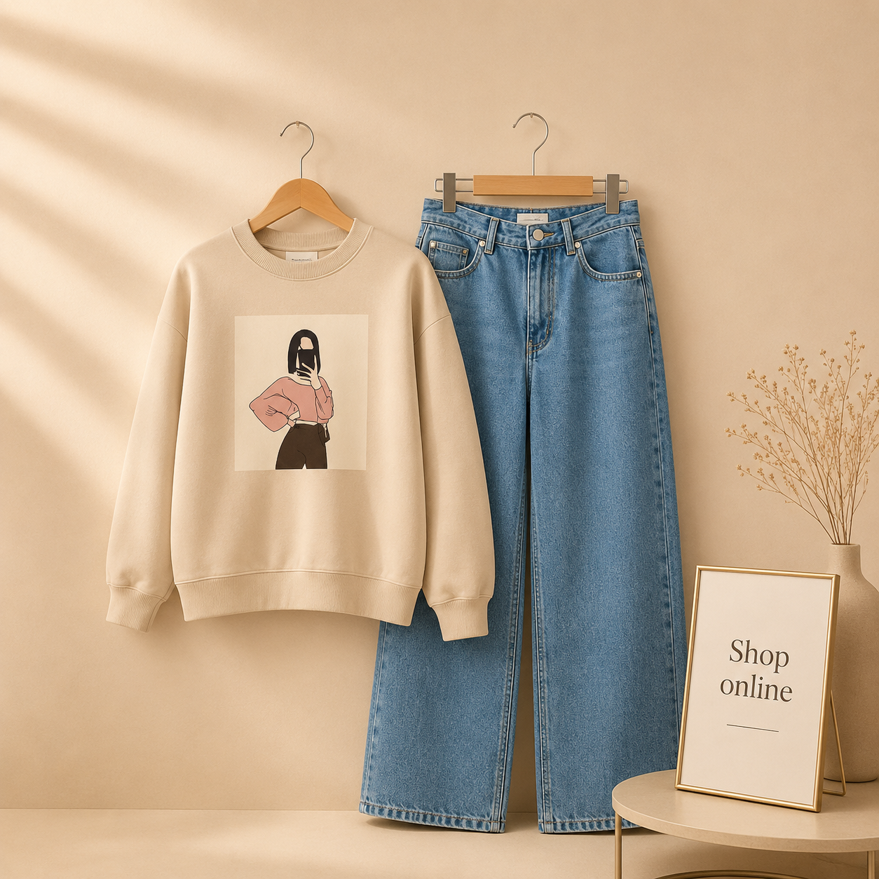 OFF SHOULDER GIRL SKIN SWEATSHIRT WITH MID BLUE WIDE LEG JEANS