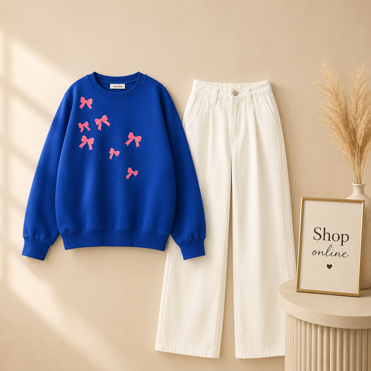 RIBBON PRINT ROYAL BLUE SWEATSHIRT WITH WHITE WIDE LEG JEANS