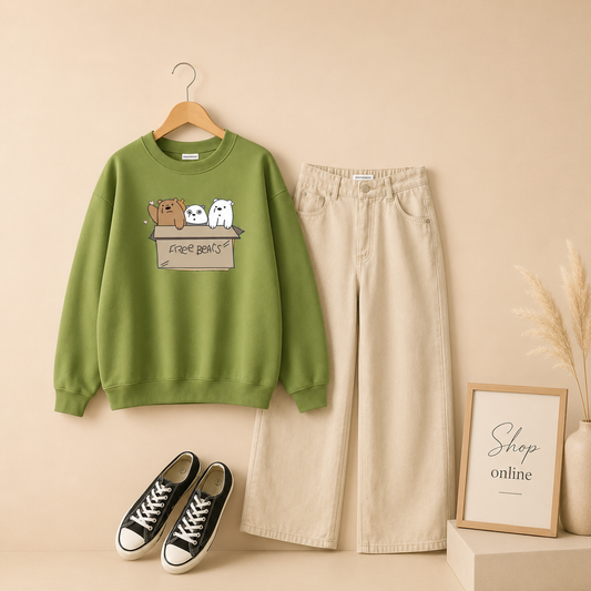 FREE BEAR OLIVE GREEN SWEATSHIRT WITH BEIGE WIDE LEG JEANS