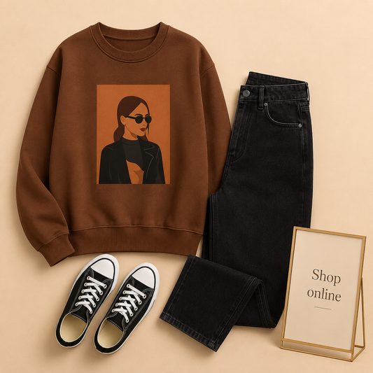 COFFEE GIRL BROWN SWEATSHIRT WITH BLACK MOM JEANS